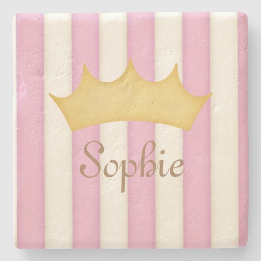 Pink Stripes Personalisiert Name Princess Crown Steinuntersetzer (Vorderseite)