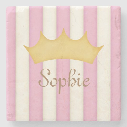 Pink Stripes Personalisiert Name Princess Crown Steinuntersetzer (Vorderseite)