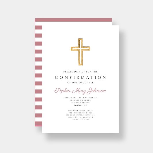 Pink Stripes Religiöse Cross Girl Bestätigung Einladung