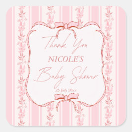 Pink stripes retro bow border baby shower favor quadratischer aufkleber