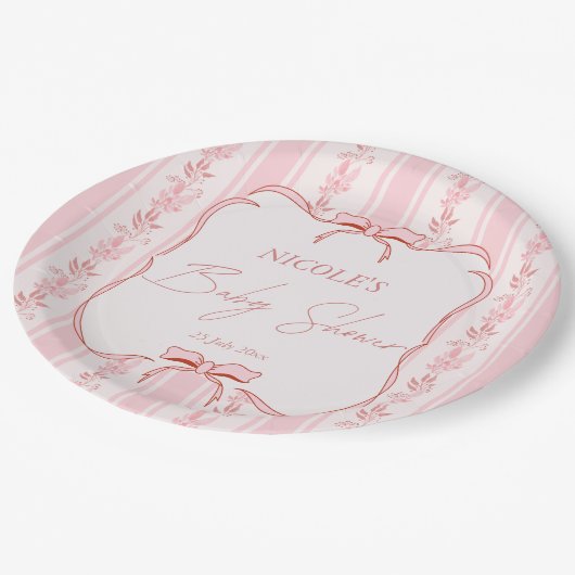 Pink stripes retro bow border elegant baby shower pappteller (Schrägansicht)