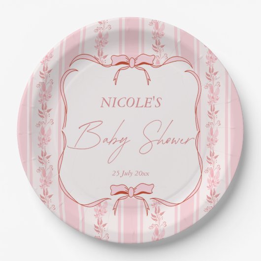 Pink stripes retro bow border elegant baby shower pappteller (Vorderseite)