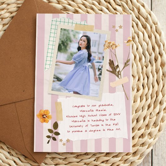 Pink Stripes Scrapbook Style Graduation Photo Ankündigung