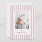 Pink Stripes und Bow Baby Birth Ankündigung (Vorderseite)