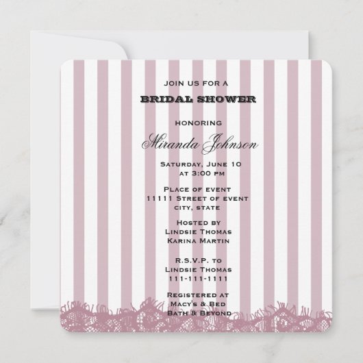 Pink Stripes und Lace Bridal Einladung (Vorderseite)
