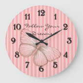 Pink Stripes with Butterfly Große Wanduhr (Vorderseite)