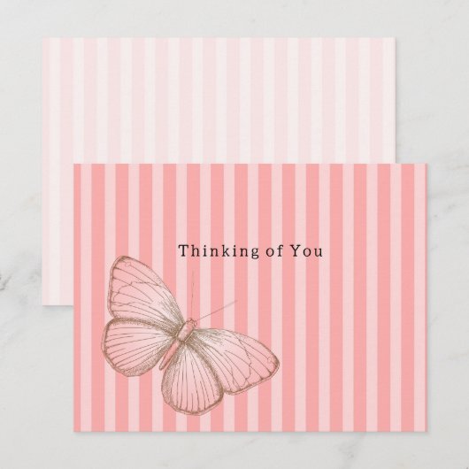 Pink Stripes with Butterfly Thinking of you Postkarte (Vorne/Hinten)