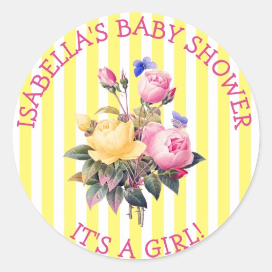 PInk Striping Floral Chic Baby Shower Sitckers Runder Aufkleber (Vorderseite)
