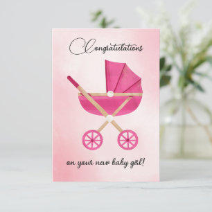 Pink stroller Baby Girl Gratulations Card