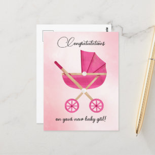 Pink stroller Baby Girl Gratulations Card Postkarte