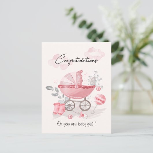 Pink Stroller Baby Gratulator Karte (Stehend Vorderseite)