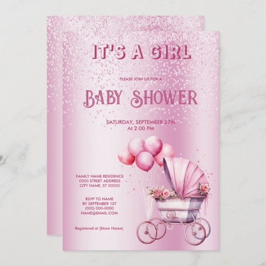 Pink Stroller Kinderdusche Einladung (Vorne/Hinten)