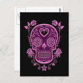 Pink Sugar Skull mit Rose auf schwarz Postkarte (Vorne/Hinten)