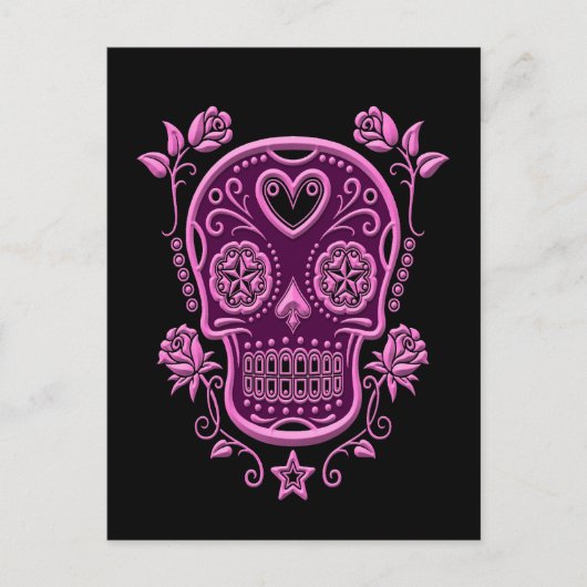 Pink Sugar Skull mit Rose auf schwarz Postkarte (Vorderseite)