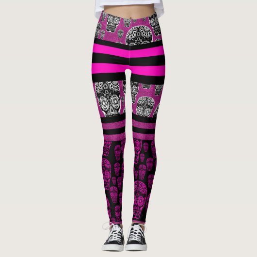 Pink Sugar Skull Stripte Leggings (Vorderseite)