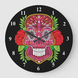 Pink Sugar Skull With Red Roses Green Leaves Große Wanduhr