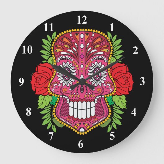 Pink Sugar Skull With Red Roses Green Leaves Große Wanduhr (Vorderseite)