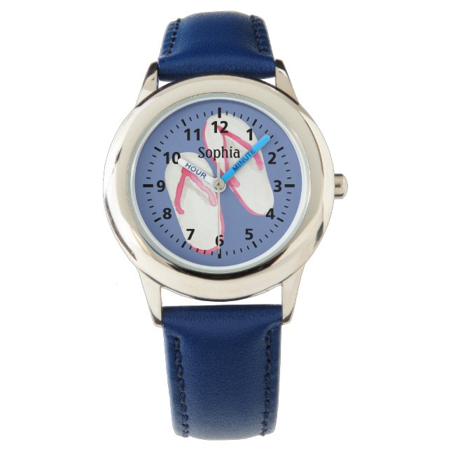 Pink Summer Flip Flops auf Blue Personalisiert Armbanduhr (Vorderseite)