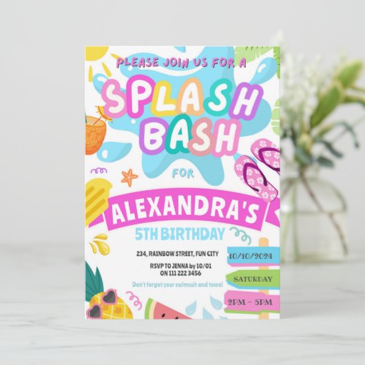 Pink Summer Splash Giro Splash Party Bash Water Pa Einladung (Stehend Vorderseite)