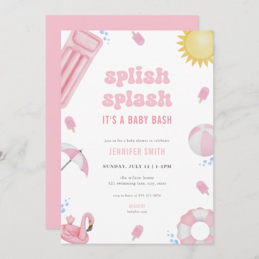 Pink Summer Splish Splash Baby Dusche Einladung (Vorne/Hinten)