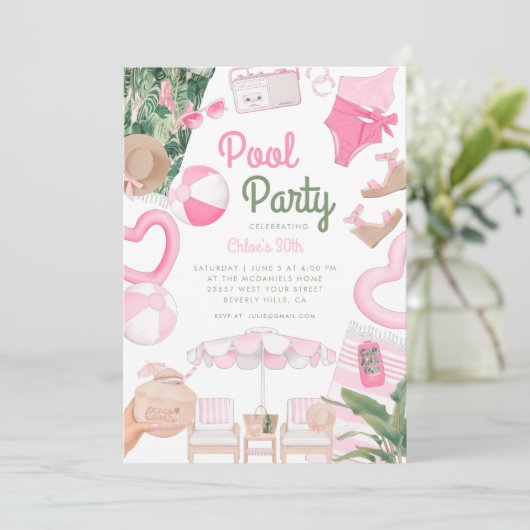 Pink Summertime Glam | Pool-Party Einladung (Stehend Vorderseite)