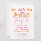 Pink Sun Rainbow Miss Onederful 1. Geburtstag Einladung (Vorderseite)