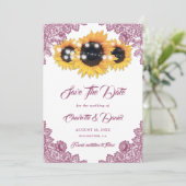 Pink Sunflower Rustic Floral Lace Wedding Save The Date (Stehend Vorderseite)