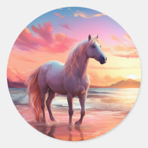 Pink Sunset Beach Palomino Pferdeaufkleber Runder Aufkleber