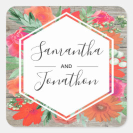 Pink Sunset Bloom Floral Frame Wedding Quadratischer Aufkleber