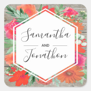 Pink Sunset Bloom Floral Frame Wedding Quadratischer Aufkleber