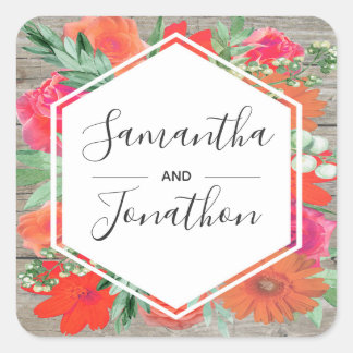 Pink Sunset Bloom Floral Frame Wedding Quadratischer Aufkleber