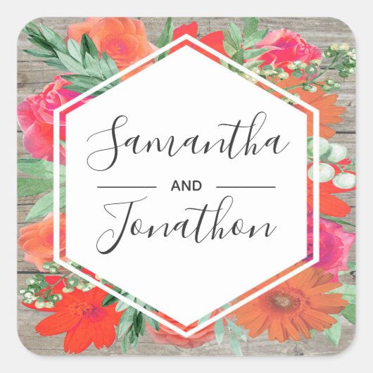 Pink Sunset Bloom Floral Frame Wedding Quadratischer Aufkleber (Vorderseite)