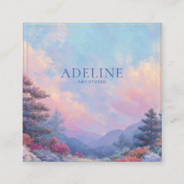 Pink Sunset Forest Gold Frame Vibrant Landscape Quadratische Visitenkarte