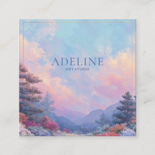 Pink Sunset Forest Gold Frame Vibrant Landscape Quadratische Visitenkarte (Vorderseite)