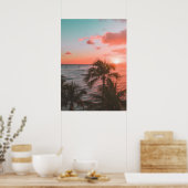 Pink Sunset Ocean Beach Palm Fotoster Poster (Küche)