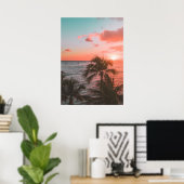 Pink Sunset Ocean Beach Palm Fotoster Poster (Heimbüro)