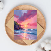 Pink Sunset Ocean Beach Waves Wasserfarbe Postkarte