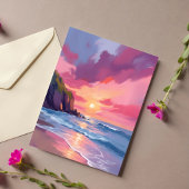 Pink Sunset Ocean Beach Waves Wasserfarbe Postkarte