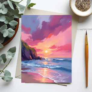 Pink Sunset Ocean Beach Waves Wasserfarbe Postkarte