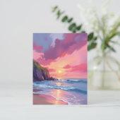 Pink Sunset Ocean Beach Waves Wasserfarbe Postkarte (Stehend Vorderseite)