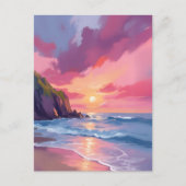 Pink Sunset Ocean Beach Waves Wasserfarbe Postkarte (Vorderseite)