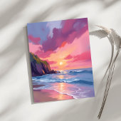 Pink Sunset Ocean Beach Waves Wasserfarbenkarte