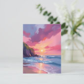 Pink Sunset Ocean Beach Waves Wasserfarbenkarte (Stehend Vorderseite)
