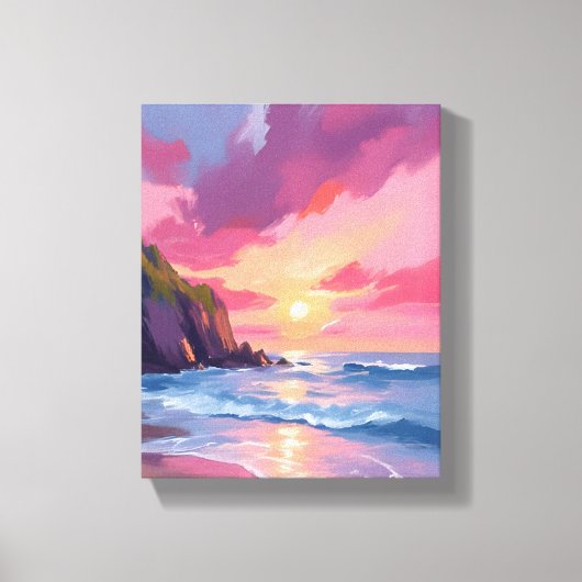 Pink Sunset Ocean Beach Waves Watercolor Leinwanddruck (Vorderseite)