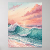 Pink Sunset Ocean Waves Poster (Vorne)