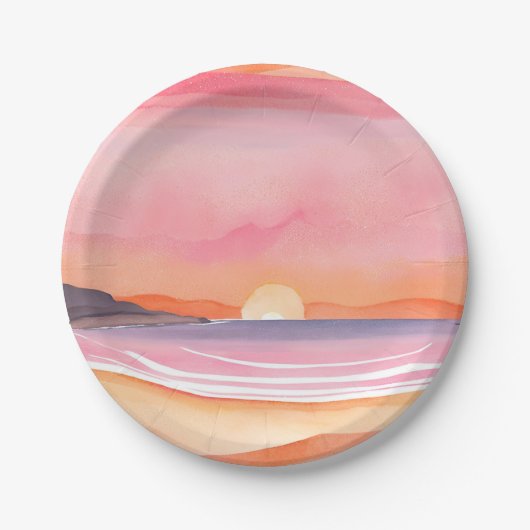 Pink Sunset | Watercolor Beach Sky Painting Pappteller (Vorderseite)