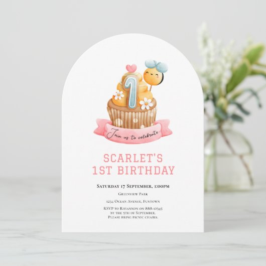 Pink Sunshine Cupcake 1. Geburtstag Einladung (Stehend Vorderseite)