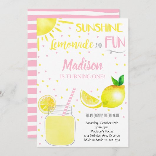 Pink Sunshine Lemonade Fun Party Geburtstag Einlad Einladung (Vorne/Hinten)