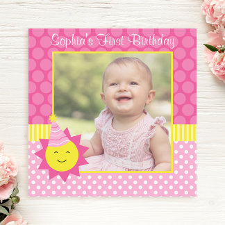 Pink Sunshine Polka Dot 1. Geburtstag Foto Einladung