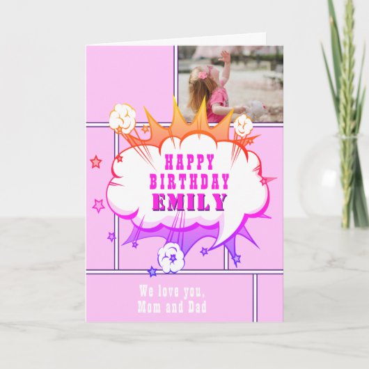 Pink Superhero Comic Speech Bubble Girl Birthday C Karte (Vorderseite)